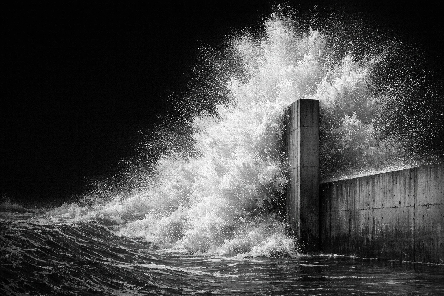 Water striking a concrete boundary during a high-pressure wave impact