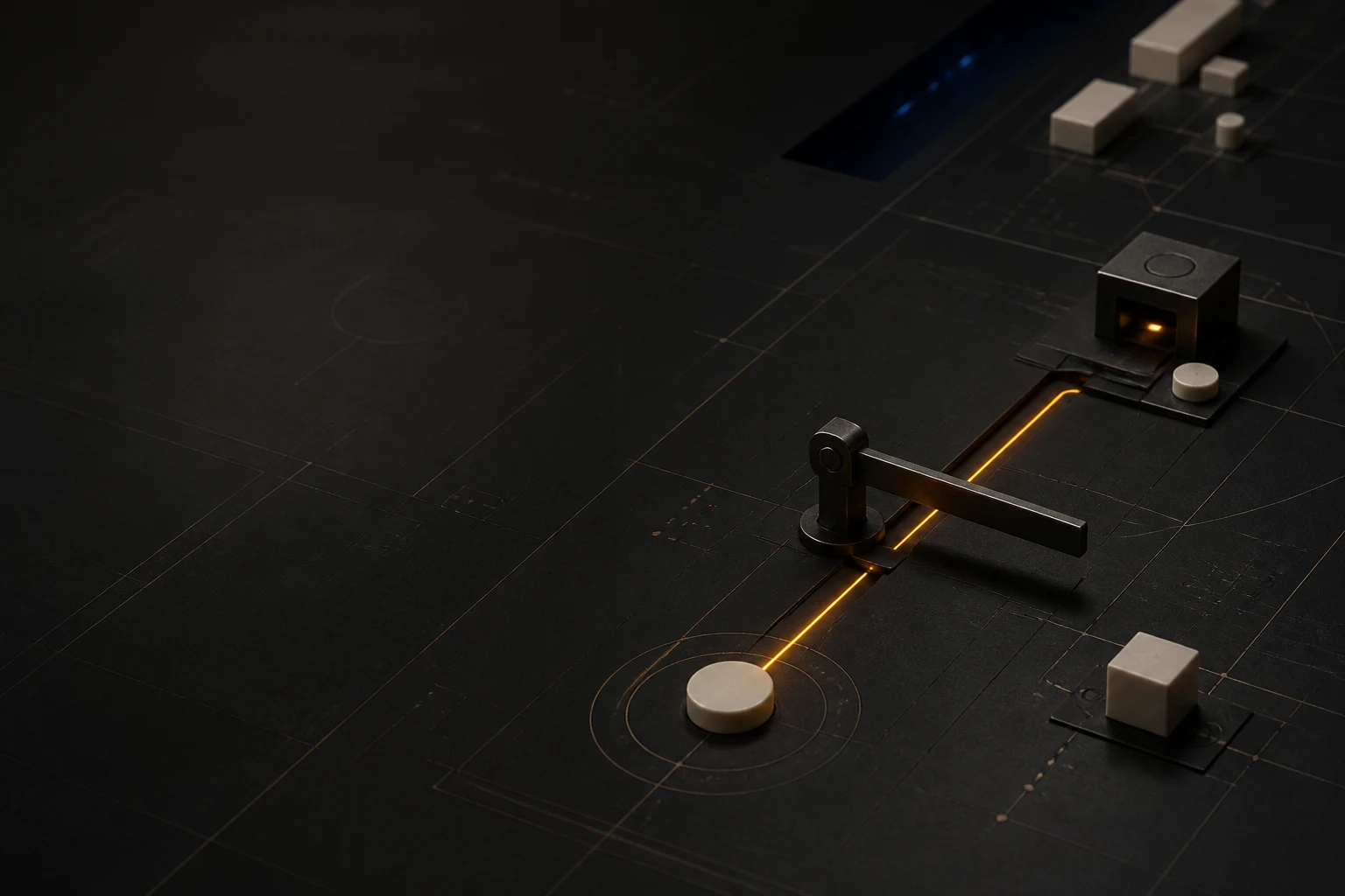 A near-black resin operating route with an ivory source marker, a smoked-metal approval boundary, and a proof terminal joined by a restrained amber path.